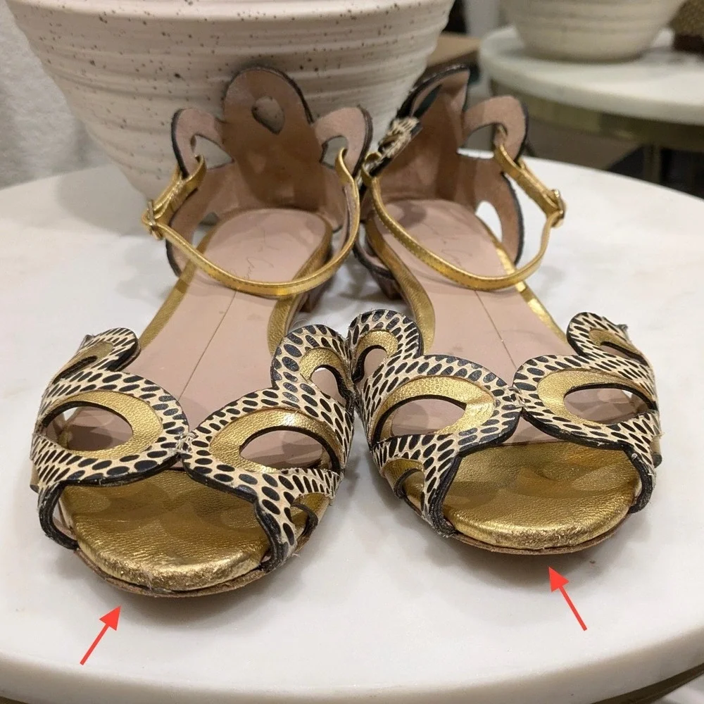 Lola Cruz Animal Print Metallic Gold Sandals Women's 37 Flat Butterfly Leather